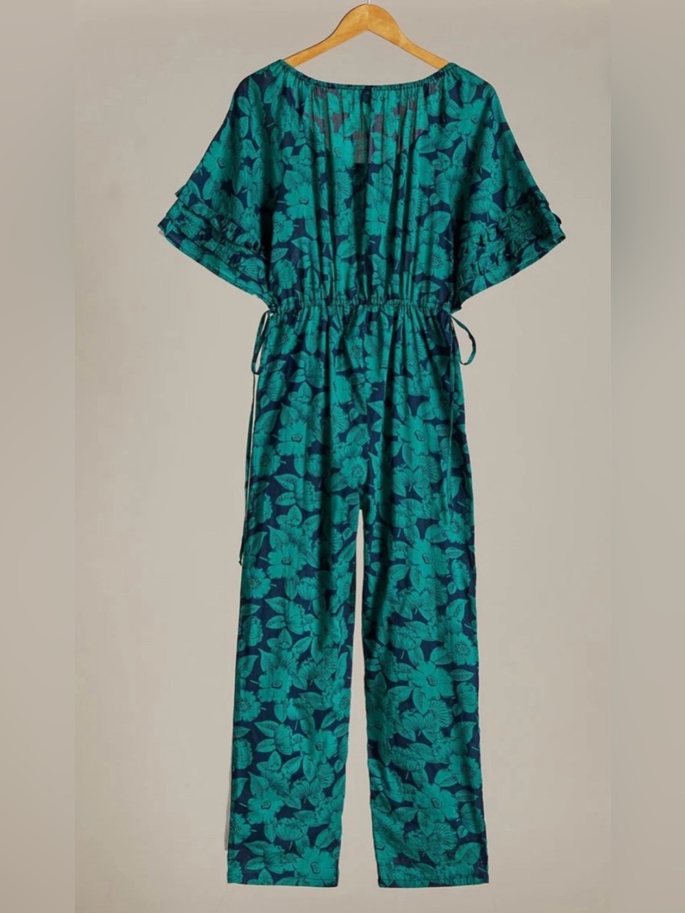 Sundance Floral Cotton Jumpsuit Petite Medium PM Blue Green Blue Pockets Boho - Picture 3 of 12